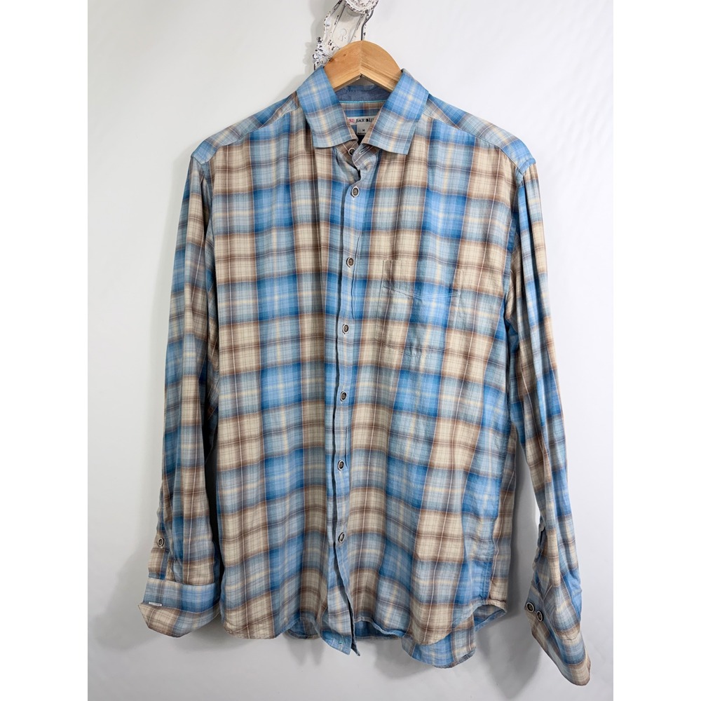 32 Bar Blues Mens Plaid Button Down Shirt Blue Tan Cotton Long Sleeve Size M